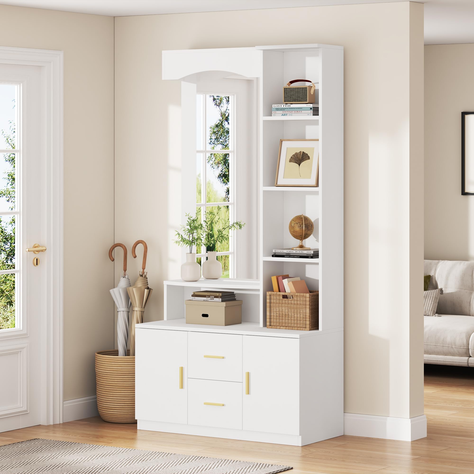 Juego de Perchero 90x40x180 cm Conjunto de Perchero Entrada Recibidor con Espejo y Estante, Perchero de Pasillo con 2 Cajones y Almacenamiento, Mueble de Entrada Multifuncional, Blanco
