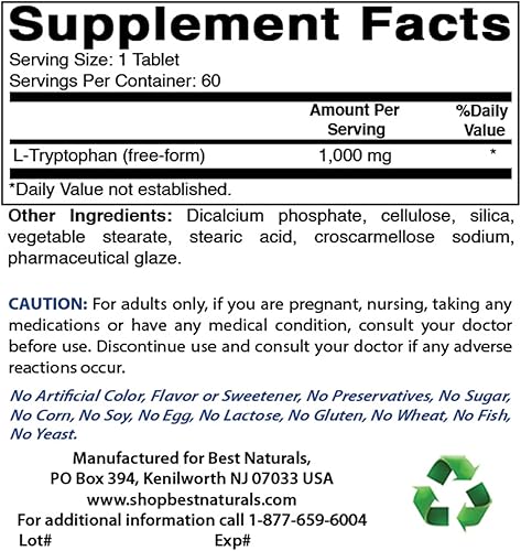 Miniatura 2 de Best Naturals L-triptófano 1000 mg 60 comprimidos (60 unidades (paquete de 1))