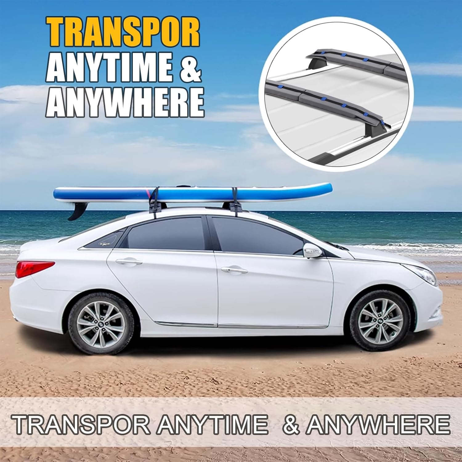 Roof Rack, 1 Set Universal Car Soft Roof Rack Pads, Luggage Carrier System for Kayak Surfboard Canoe, Include 2 Heavy Duty Tie Down Straps, 2 Tie Down Rope, 2 Quick Loop Strap 1