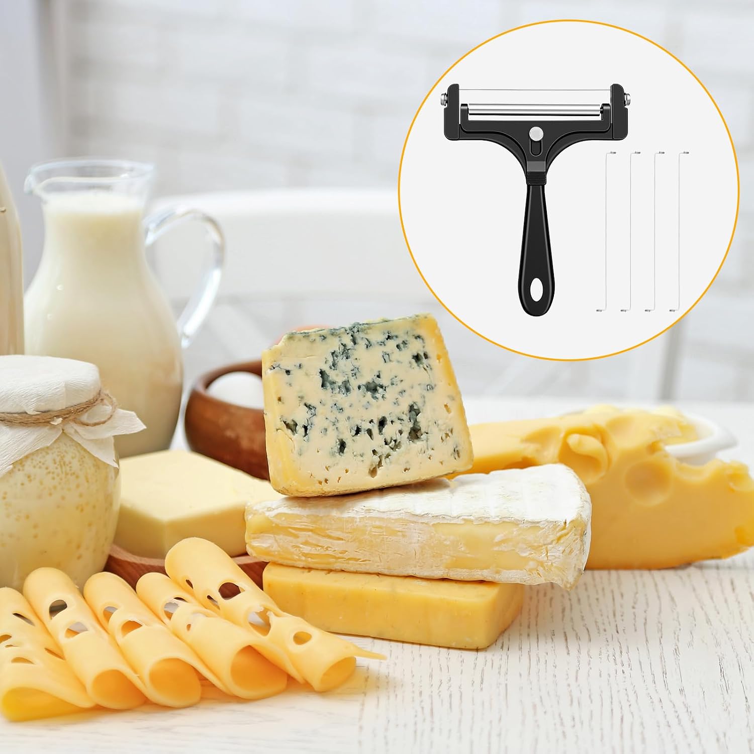 Cheese Slicer Kit, Stainless Steel Handheld Cheese Cutter with 4 Extra Wires and Wrench Adjustable Thickness Wire Cheese Slicer for Block Cheese Butter Kitchen Slicing Tools