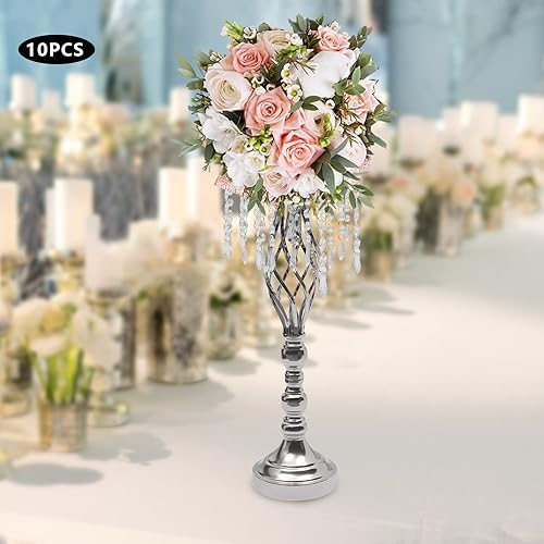 Miniatura 2 de Soporte de flores de cristal, decoración de mesa, centro de mesa, jarrón de metal para mesas de recepción, suministros de boda, 10 piezas de 21.7