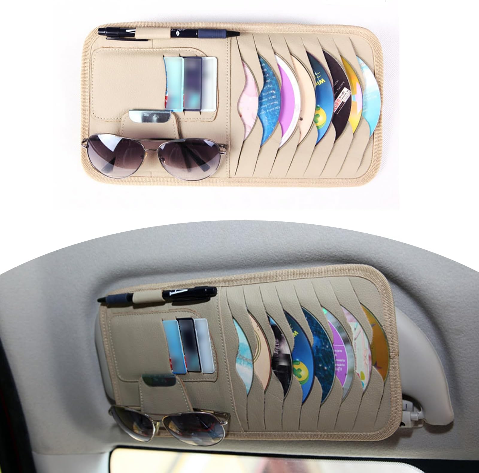 1 PC Car CD Holder, Multifunctional Sun Visor Storage Clip, Cortex Car Card Sleeve Pocket Organizer, Universal for Most Cars, Trucks, SUVs (Beige)