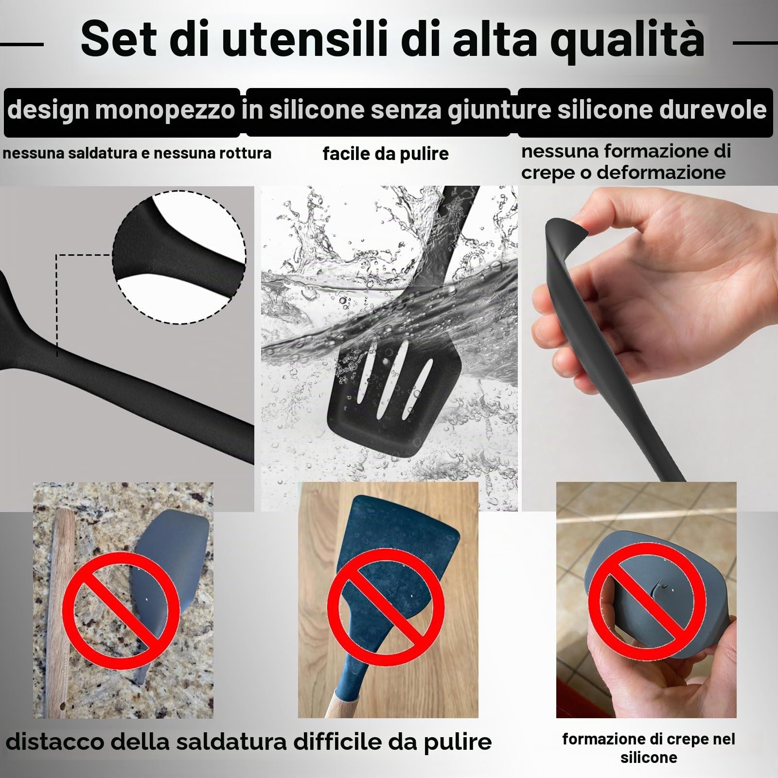 Terlulu Set di utensili da cucina in silicone, 12 pezzi, colore nero, antiaderenti, lavabili in lavastoviglie