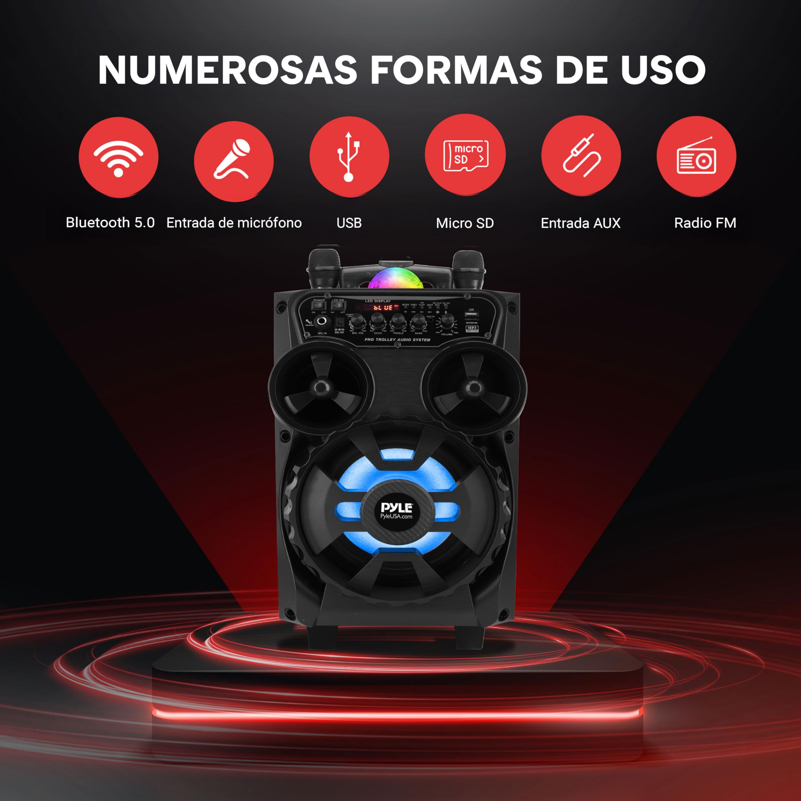 Pyle Altavoz Bluetooth Portátil, 580W, Karaoke con 2 Micrófonos Inalámbricos, Sistema PA Recargable, Luces LED, Trolley con Ruedas, USB SD FM AUX, 20 cm