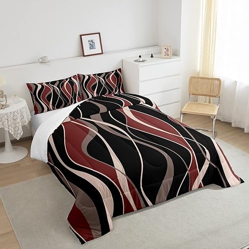 Miniatura 10 de Erosebridal Juego de ropa de cama moderna tamaño individual para niños y niñas, juego de edredón abstracto negro, blanco, rojo, geométrico, círculo,