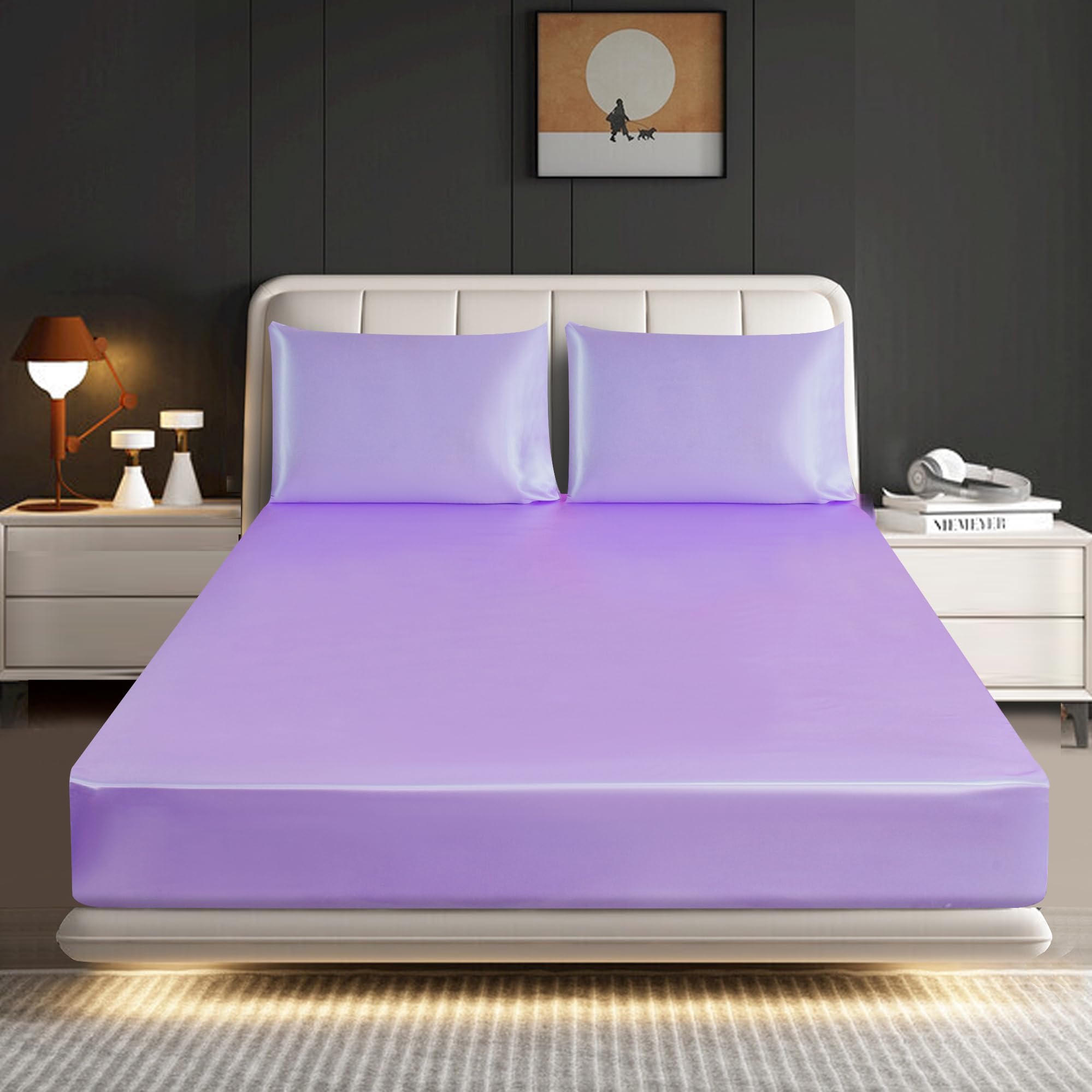 ROOEE Satin Silk Fitted Sheet with Pillowcase Set Breathable Soft Bedding Brushed Fabric Wrinkle, Shrinkage and Fade Resistant Bottom Bed Sheets (LILAC, King)