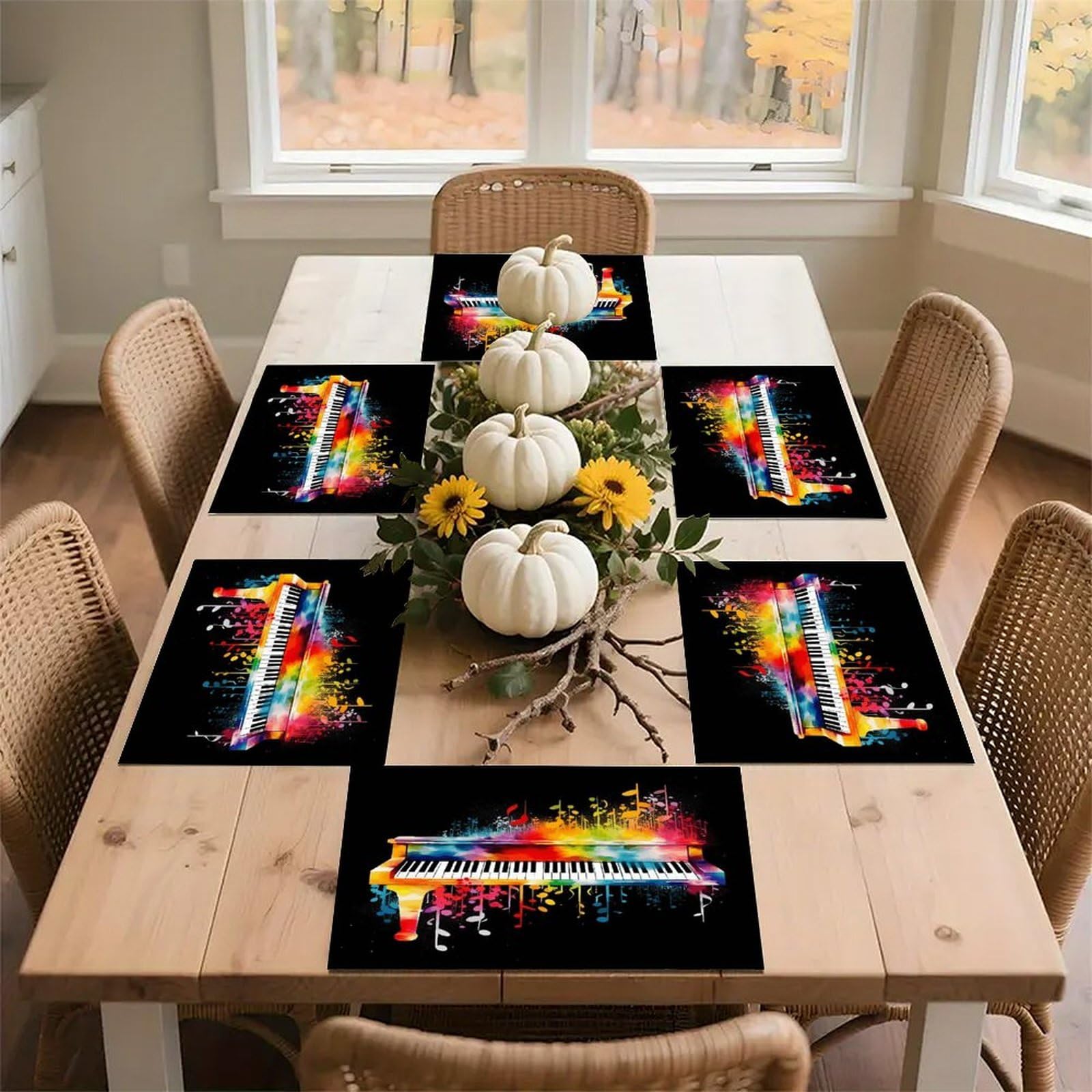 Colorful Piano Keyboard Music Note Placemats Heat-Resistant Washable Place Mats Anti Slip Dining Table Place Mats Wipeable Dining Table Mats Kitchen Decoration Placemats 17.7’’×11.8’’