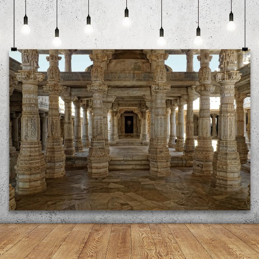 YongFoto Ancient Indian Temple Backdrop 10x8ft Chaumukh Temple Old Religion Hinduism Jaina Historical Carving Marble Columns Sculptures Great Hall Photography Background Room Party Decor Photo Props