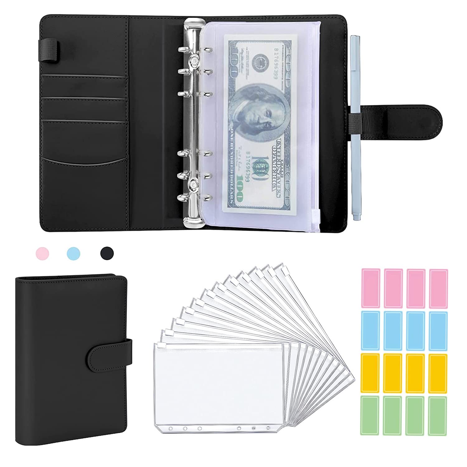 REOQIA6 PU Leather Notebook Binder Budget Planner Binder Cover with 12 Pieces Binder Pocket Personal Cash Budget Envelopes System,Small Binder Budget Planner Cash Binder (Black)