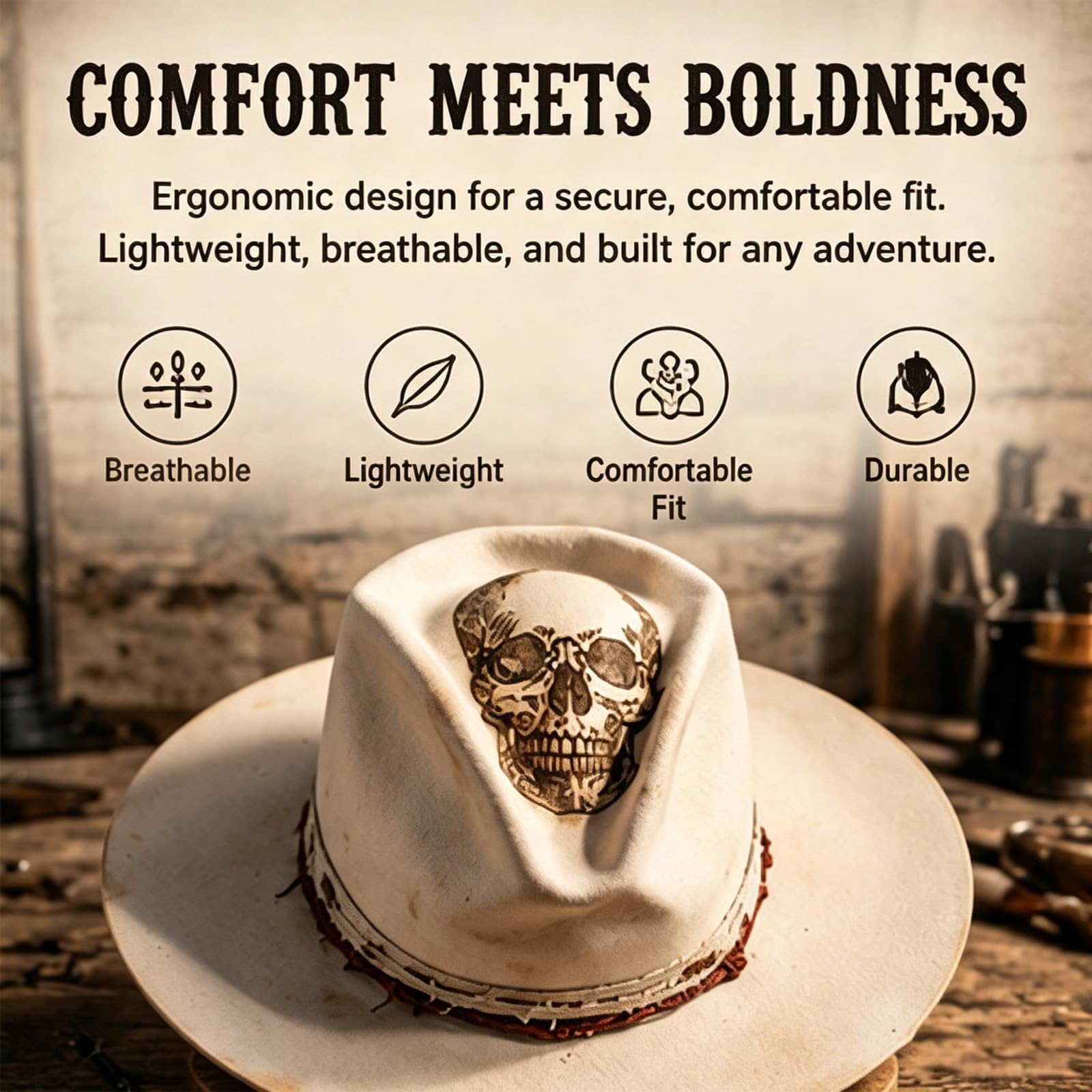 Generico Cappello da Cowboy con Teschio Hellfire Bianco Avorio, Cappello da Cowboy Western Invecchiato con Fascia con Teschio, Berretto a Tesa Larga per Uomo Donna, Copricapo da Motociclista