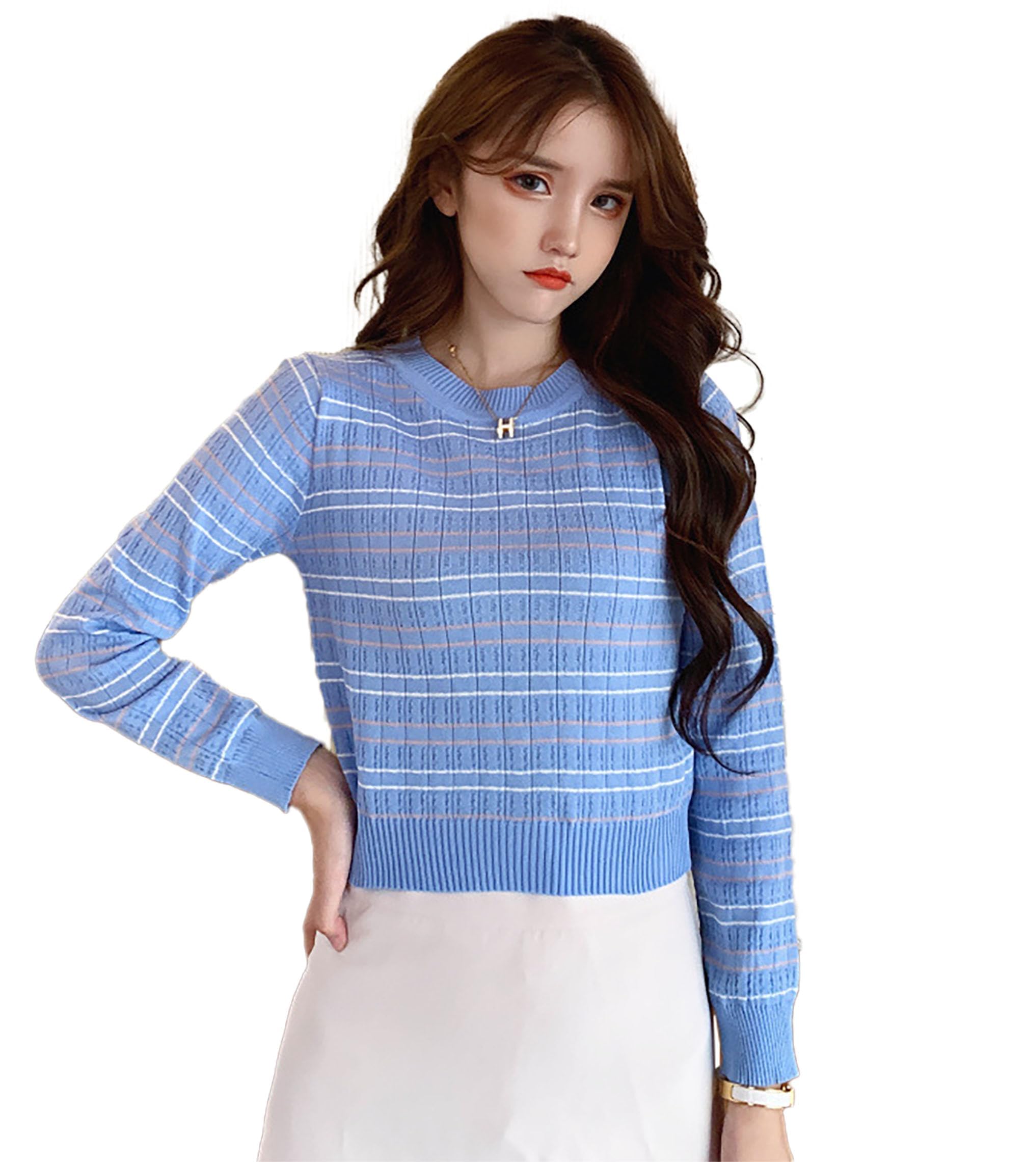 icw Women's Ribbed Knitted Long Sleeve Round Neck Strped Top T-Shirt DN149-picture-32