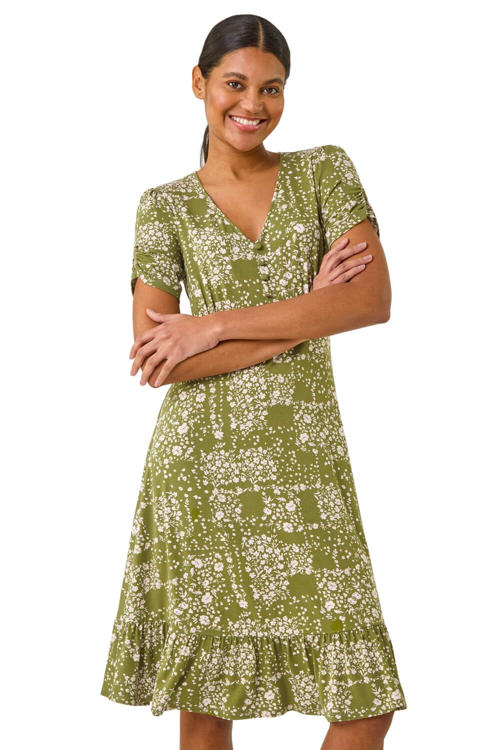 Roman Originals Swing Tea Dress Women UK Ladies Skater Midi A Line Fit & Flare Summer Casual Smart Cocktail Party Going Out Work Cruise Button Through Long Pocket - Floral Khaki - Size 18