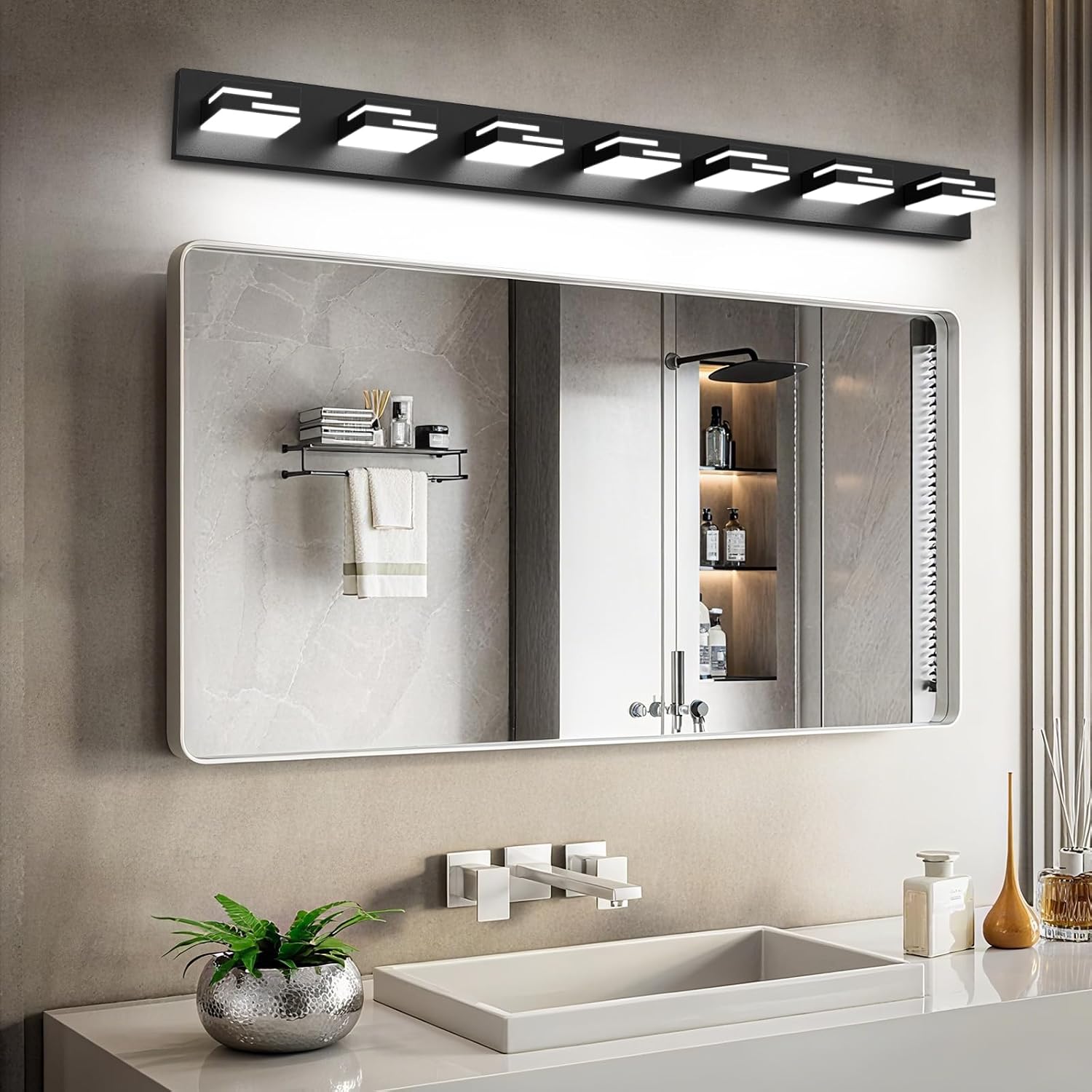 LED Modern Bathroom Vanity Light Fixtures, Dimmable Matte Black Vanity Lights for Bathroom Lighting Fixtures Over Mirror, with 360° Rotatable Acrylic Heads 7-Light 48-inch (Cool White 6000K)