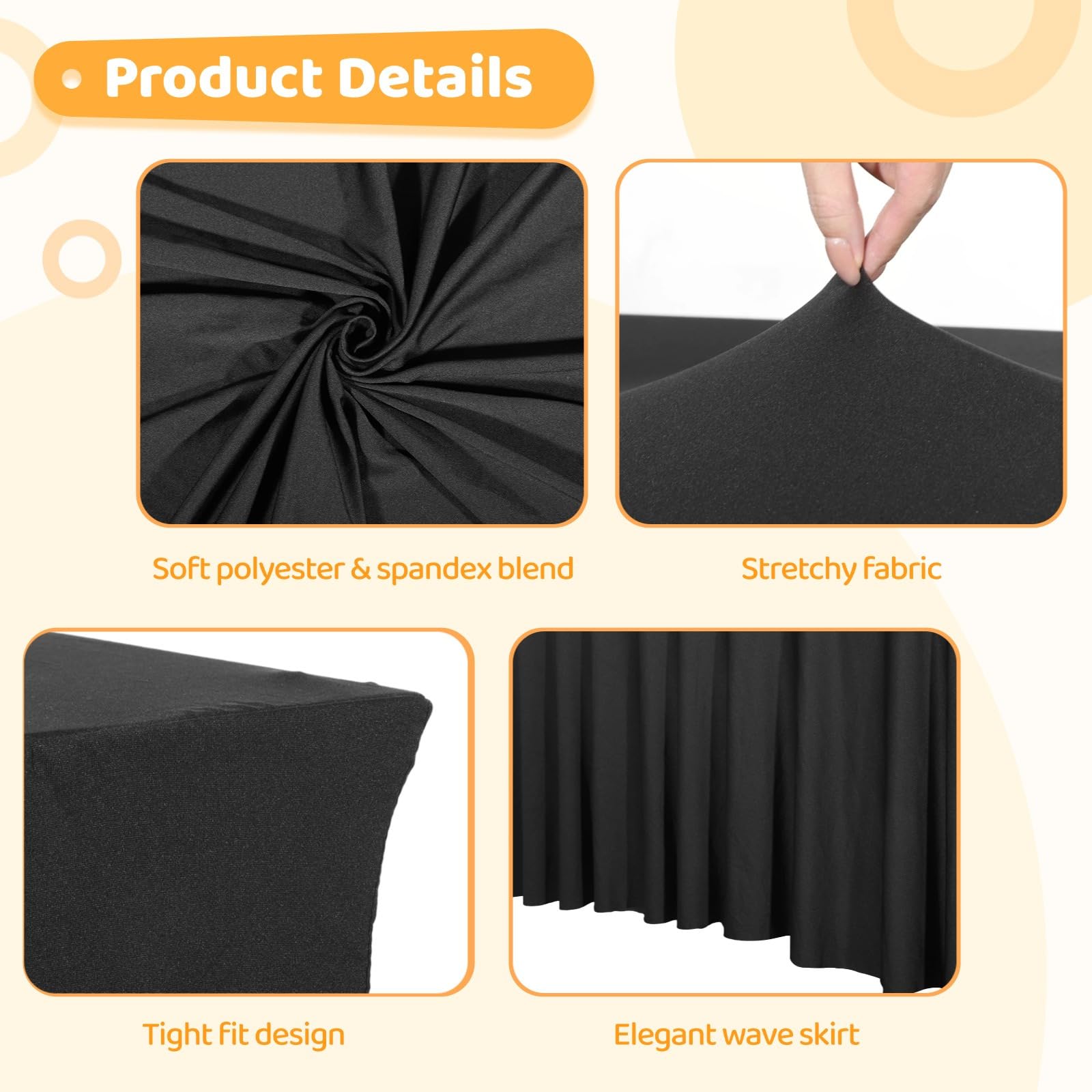2 gonne da tavolo in spandex nero, elasticizzate, per tavoli rettangolari da 1,8 m, gonne da cocktail per matrimoni, banchetti, feste