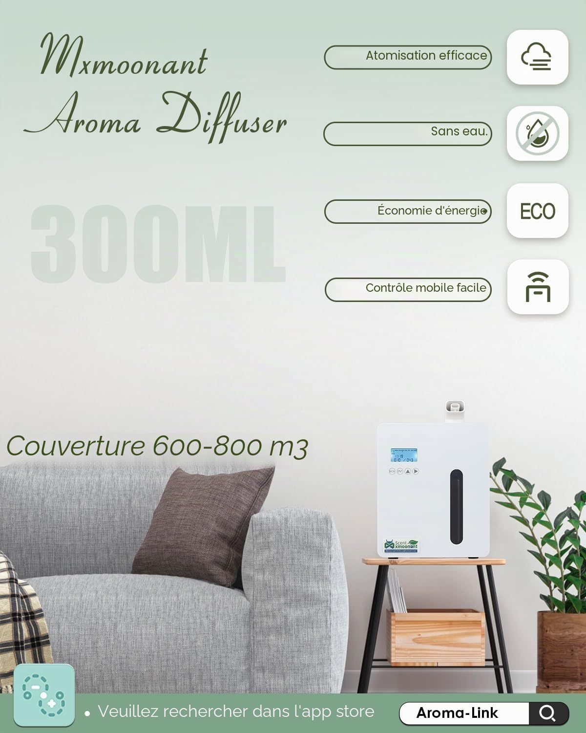 Mxmoonant Machine à Parfum sans Eau, 300ml | Commande App/WiFi, compatible HVAC, mural, 300-500m³, pour maison/bureau/magasin/hôtel