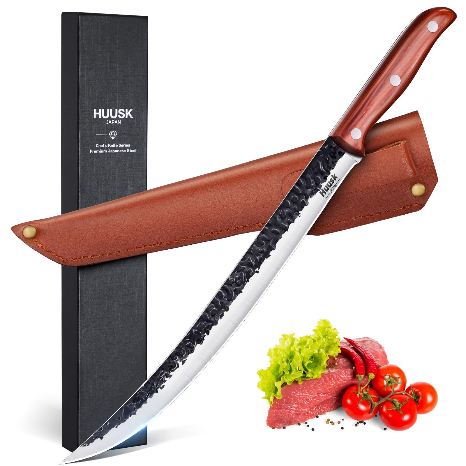 Huusk Carving Knife for Meat-High Carbon Steel Breaking Knives 11.5 Inch Brisket Slicing Knofe Japanese Butcher Scimitar Knife with Ergonomic Handle Men Gift