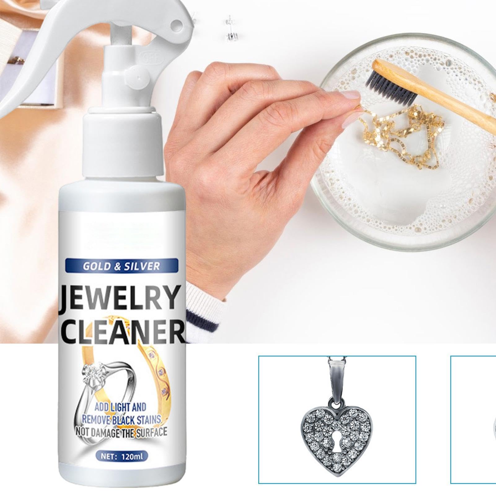 Spray do czyszczenia biżuterii, 120 ml, natychmiastowy środek do usuwania matowienia, rdzy i srebra, łagodny środek do czyszczenia biżuterii, do złota, mosiądzu, kamieni szlachetnych