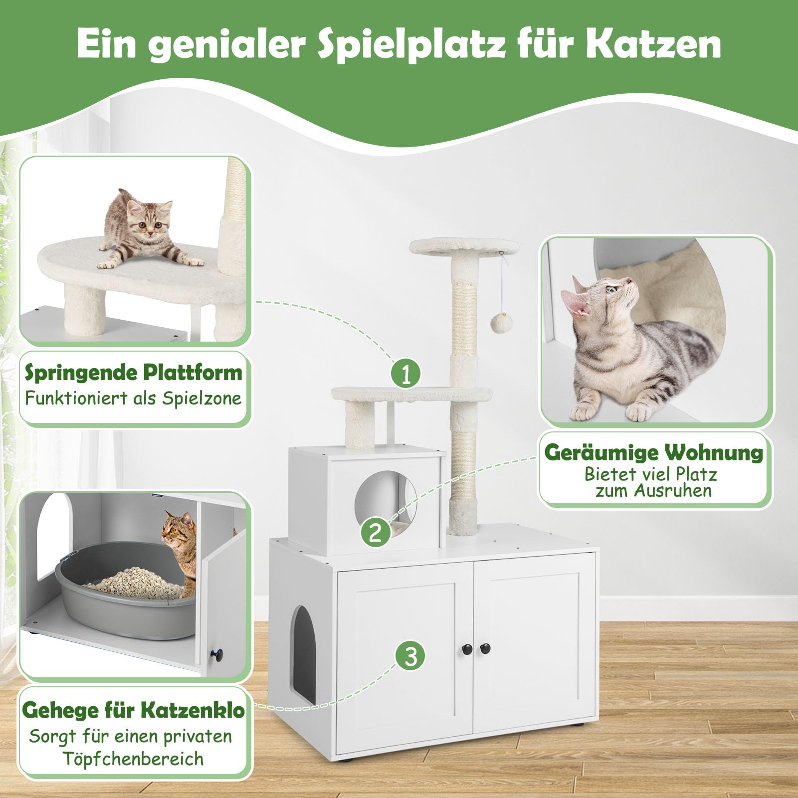 GYMAX 2-in-1 Kratzbaum 132 cm, multifunktionaler Katzenbaum mit Katzentoilette, Katzenschrank mit Katzenhaus, Kletterbaum, Katzenkratzbaum mit Plattform, Sisal-Kratzpfosten & hängendem Ball (Weiß)