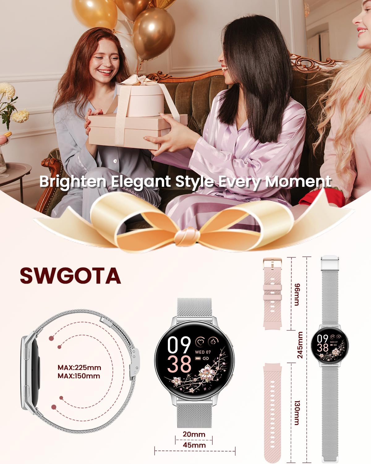 SWGOTA Montre Connectée Femme avec Appel, 1.39" HD Smartwatch avec 120+ Modes Sport, 24H Fréquence Cardiaque, Santé Au Féminin, Sommeil, SpO2, Podomètre, Calories IP68 Montre Femme Android iOS Argenté