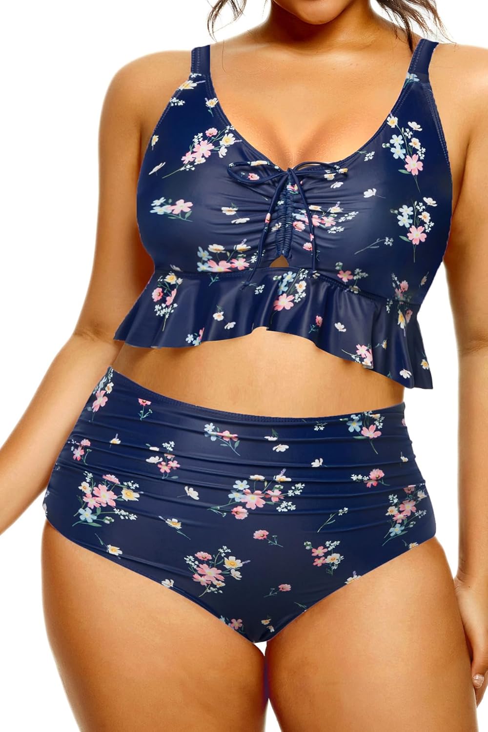 Daci Women Plus Size Two Piece Swimsuits - High Waisted Bikini Set Ruffle Tummy Control Bathing Suits with Bottom