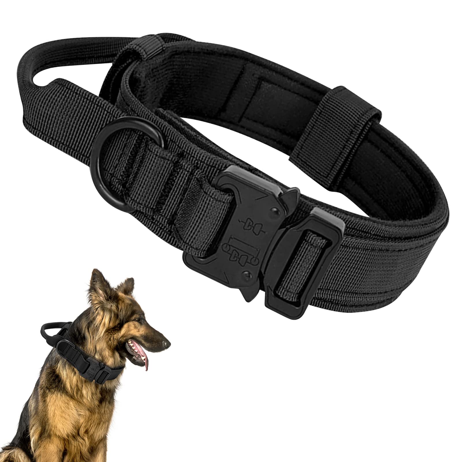 Tactical Dog Collar, Padded Breathable Soft Nylon Pet Collar with Heavy-Duty Metal Buckle, Adjustable Basic Military Dog Collar with Handle for Medium Large Dogs (XL, Black)