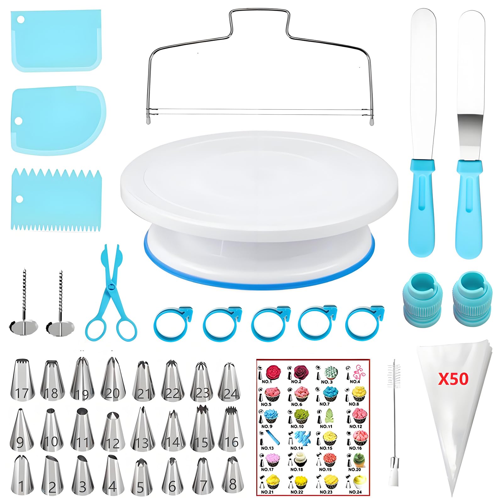ANSLYQA 93 Pcs Cake Decorating Kit with Cake Turntable,Cake Leveler,24 Numbered Icing Tips,2 Spatulas,2 Coupler,3 Comb Scrapers,Flower Nail & Lifter Scissor,50 Disposable Pastry Bags
