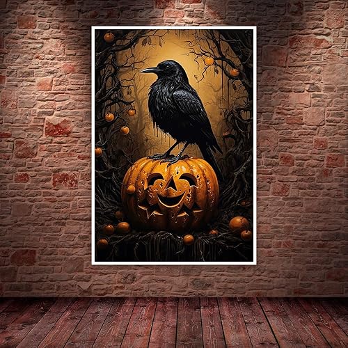 Miniatura 2 de Arte de pared gótico vintage con diseño de cuervo negro y calabaza sonriente, póster de Halloween, lienzo de estilo victoriano, Academia oscura,