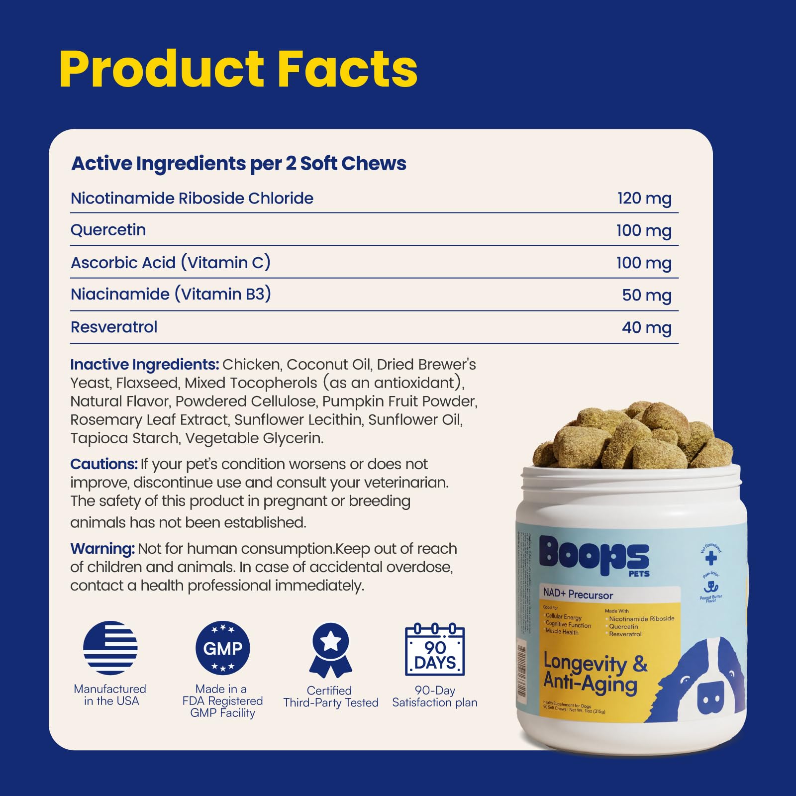 Boops Pets Precursor NAD+ y suplemento para perros mayores - 90 tabletas masticables suaves con vitaminas - Alternativa Nmn para Longevidad, antienvejecimiento y energía - Riboside Di