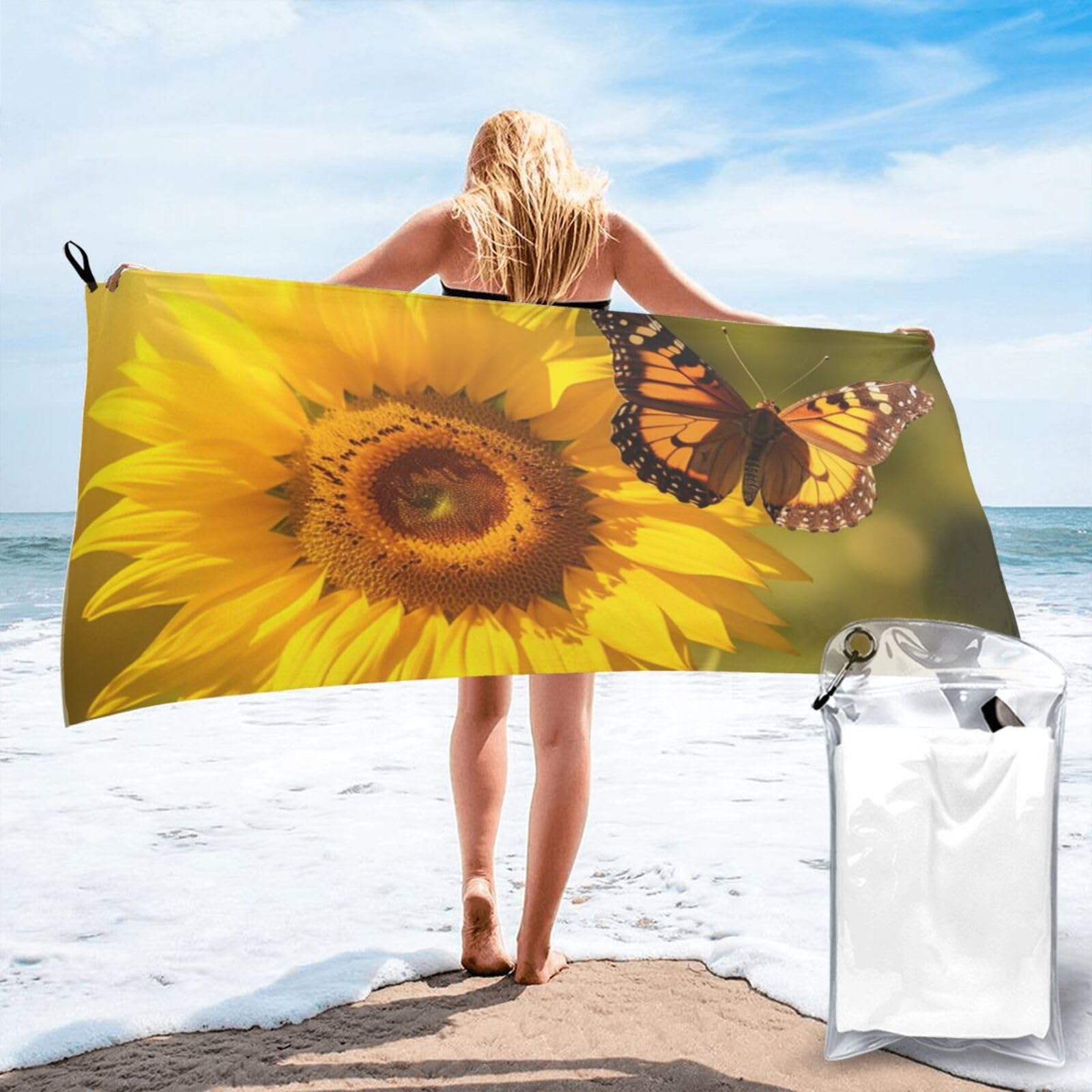 DWVTSLH Microfiber Sand Free Beach Towel 31.5"x63", Quick Dry Absorbent Travel Towel Large Camping Blanket, Sunflower Butterfly Sunny Bath Towels Lightweight Pool Swim Towels for Vacation Essentials