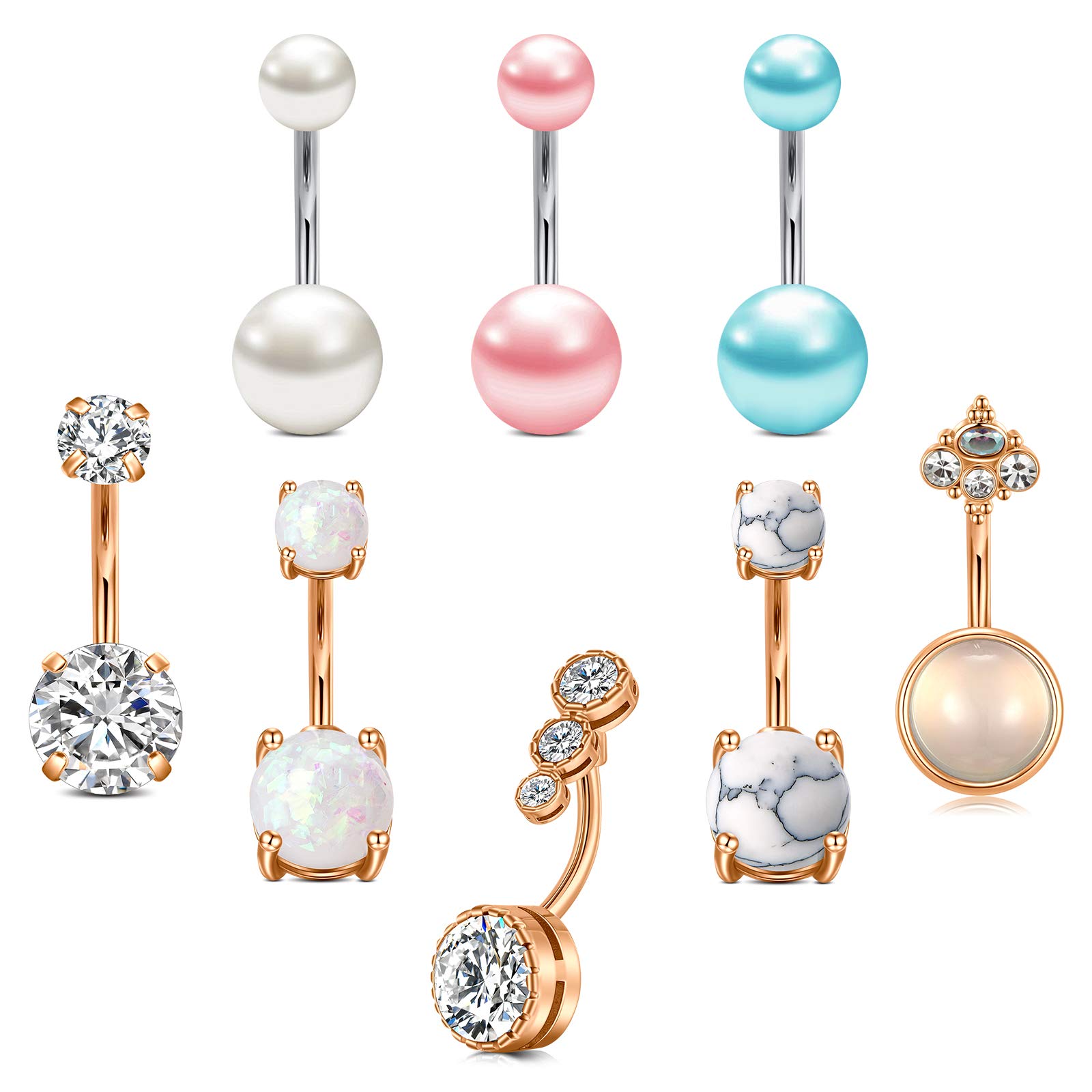 FECTAS Belly Button Rings 14g Belly Rings Surgical Steel CZ Navel Ring Barbell for Women Body Piercing Jewelry Rose Gold Silver 10mm