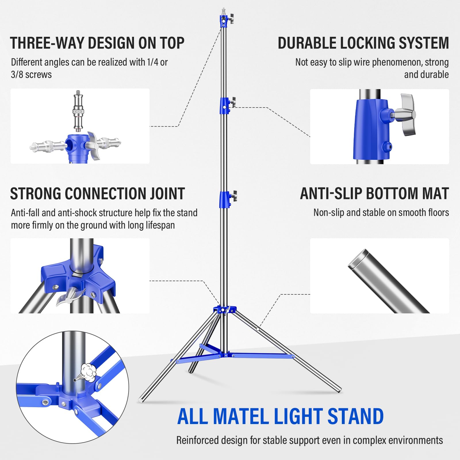 Soonpho Light Stand Supporto Leggero Treppiede 9,1 piedi/280cm Interamente in Metallo Ammortizzatore Capacità di Carico di 10kg per Fotografia Studio All'aperto e Live Streaming (Blu)