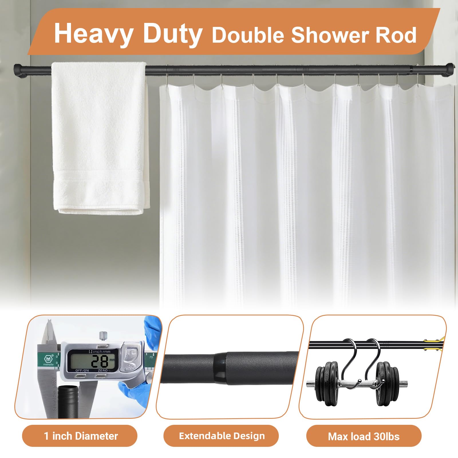 Tringle de douche double murale réglable 68 à 228 cm, noire antirouille pour séparation zone sèche/humide, installation simple pour salle de bain