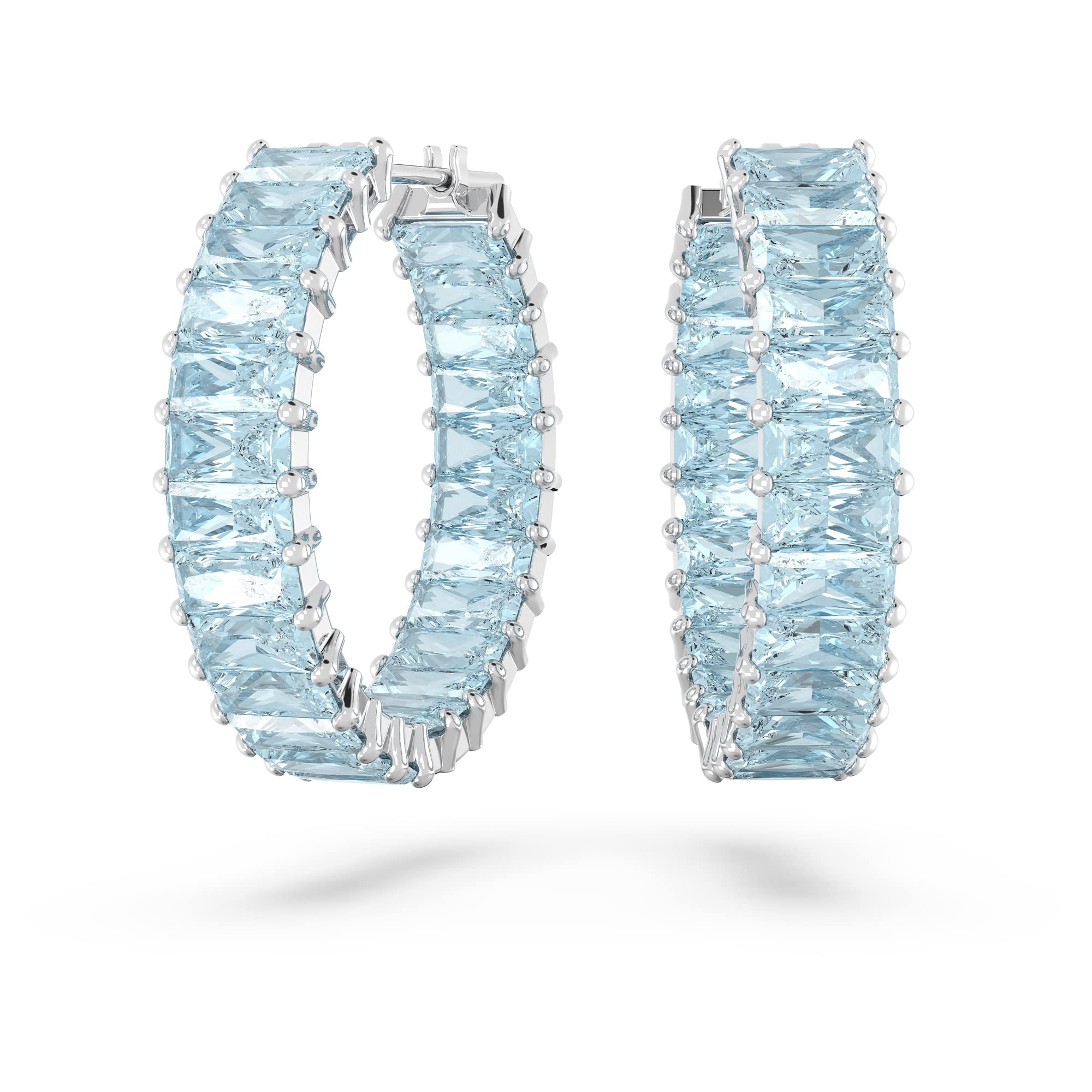 Swarovski Matrix hoop earrings, Baguette cut, Blue, Rhodium plated