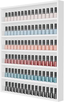OmySalon Nail Polish Organizer Wall Mount - Holds 120+ Bottles with Acrylic Barrier, Salon Display Rack for Home Spa & Nail Studio - Assembly Required, Wooden Polish Storage White, 6-Tier