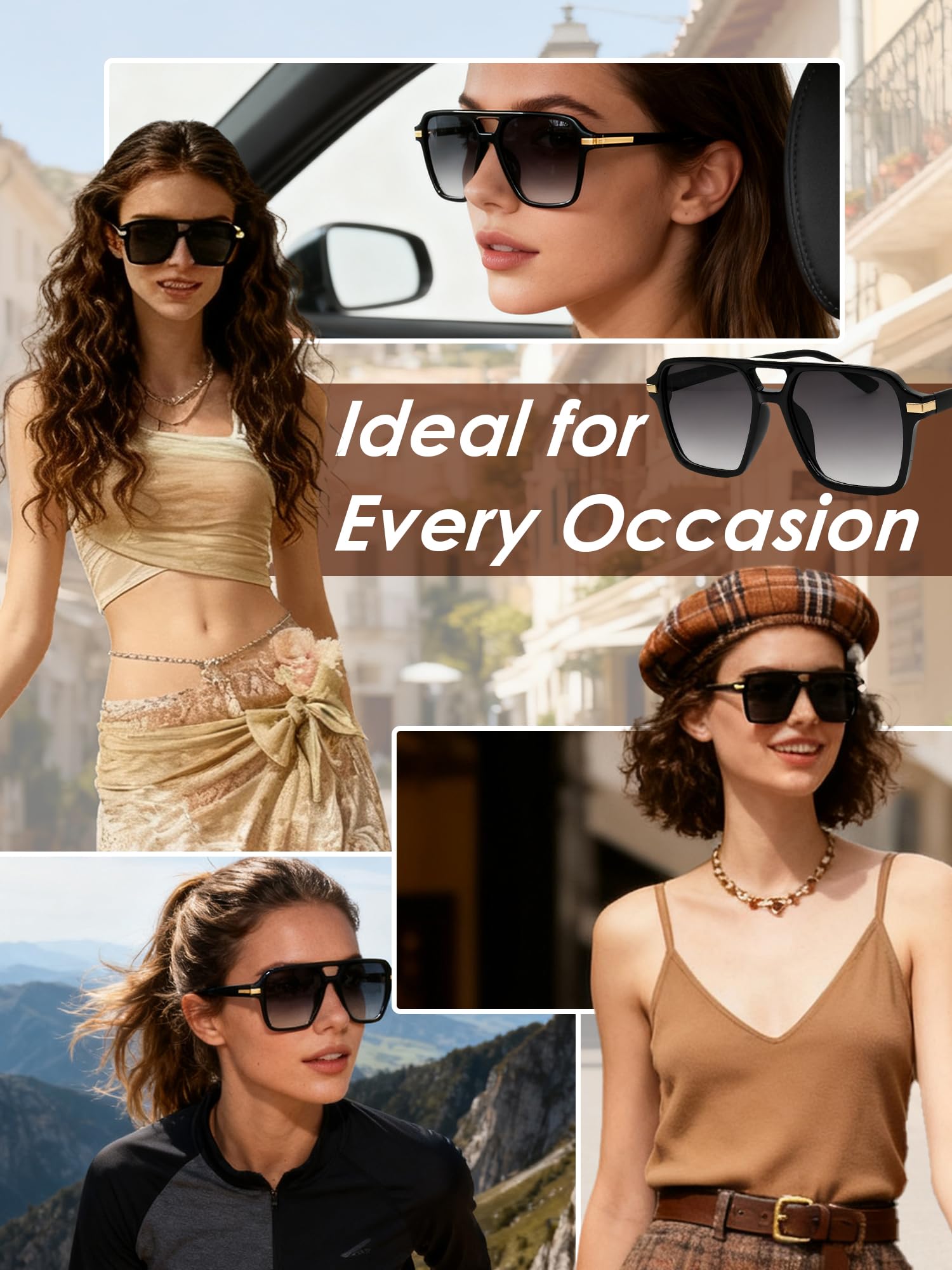 Sonnenbrille für Damen und Herren, Vintage-Stil, übergroßes rechteckiges Gestell