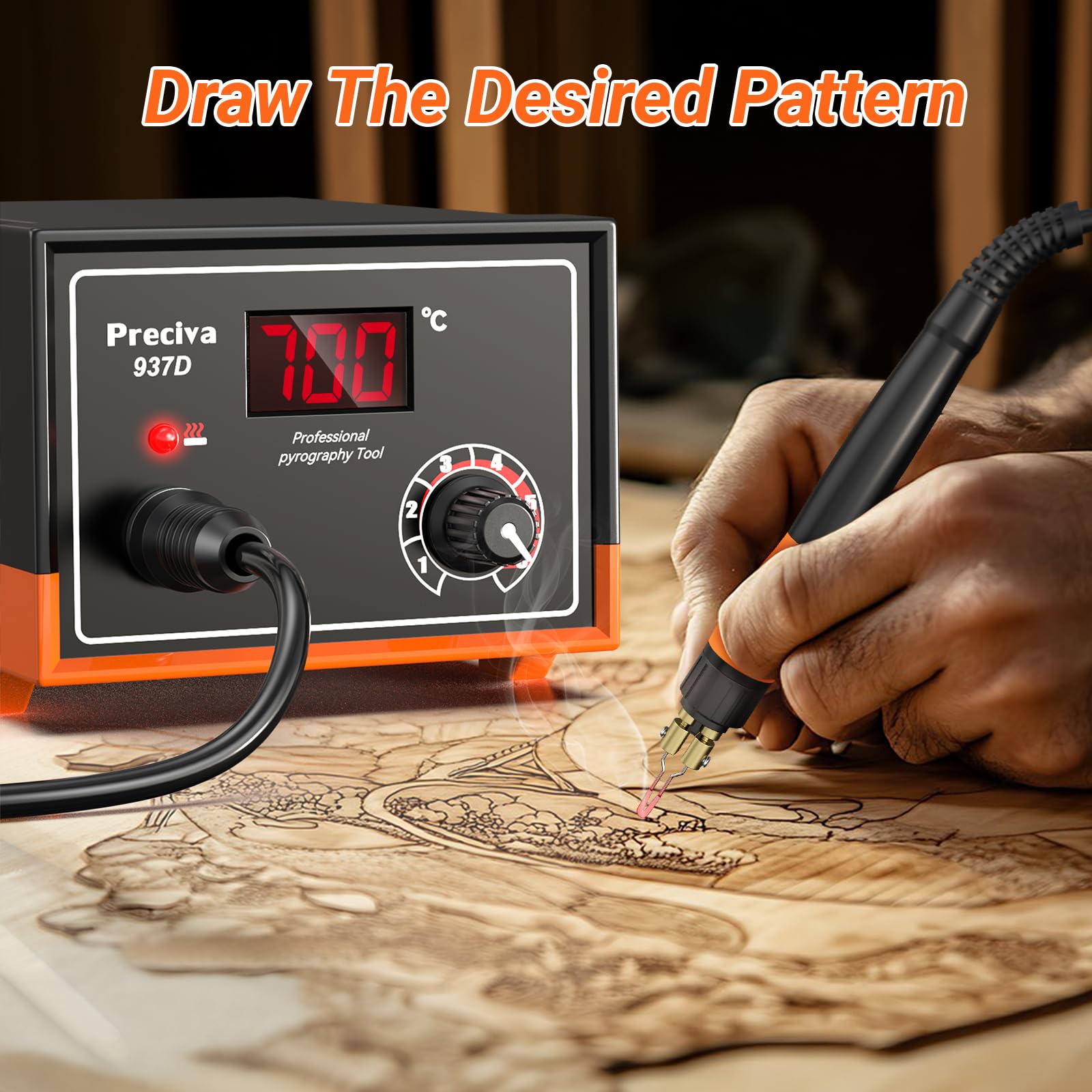 Preciva Pirografo per Legno con Display Digitale Temperatura 250-700°C, Kit Pirografia Professionale con 20 Teste Intercambiabili, Penna Incisione Legno Pelle DIY (Pirografia Singola)