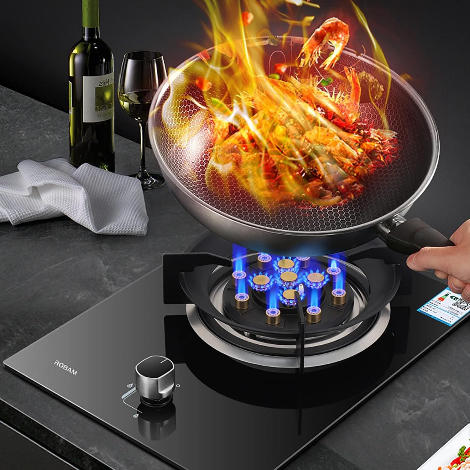 Burner Gas Cooker gas hob Gas Hob, Built-in Black Tempered Glass Gas Hob With Flame Out Protection, 13-chamber Fierce Fire ， For Compact Living, Kitchen, Camping Or Caravans(Ng)