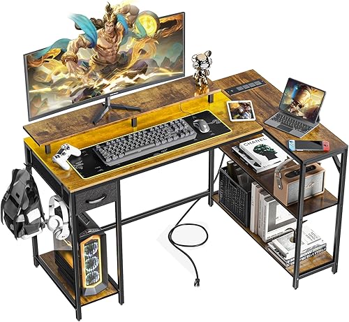 Eivanet Escritorio para juegos en forma de L con toma de corriente y luz LED, escritorio de esquina para juegos con gancho y soporte para monitor,