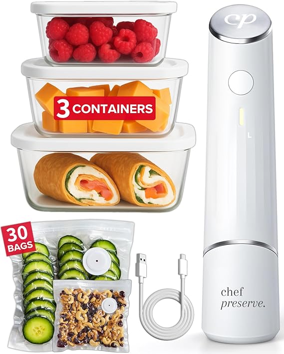 Chef Preserve Compact Vacuum Sealer for Food (Vacuum Sealer Machine + 3 Glass Vacuum Containers + 30 Reusable Vacuum Bags) Powerful Handheld Vacuum Seal Machine