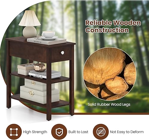Miniatura 7 de Giantex Juego de 2 mesas auxiliares estrechas con cajón y estantes de almacenamiento, mesas auxiliares de sofá de madera, mesitas de noche de 3