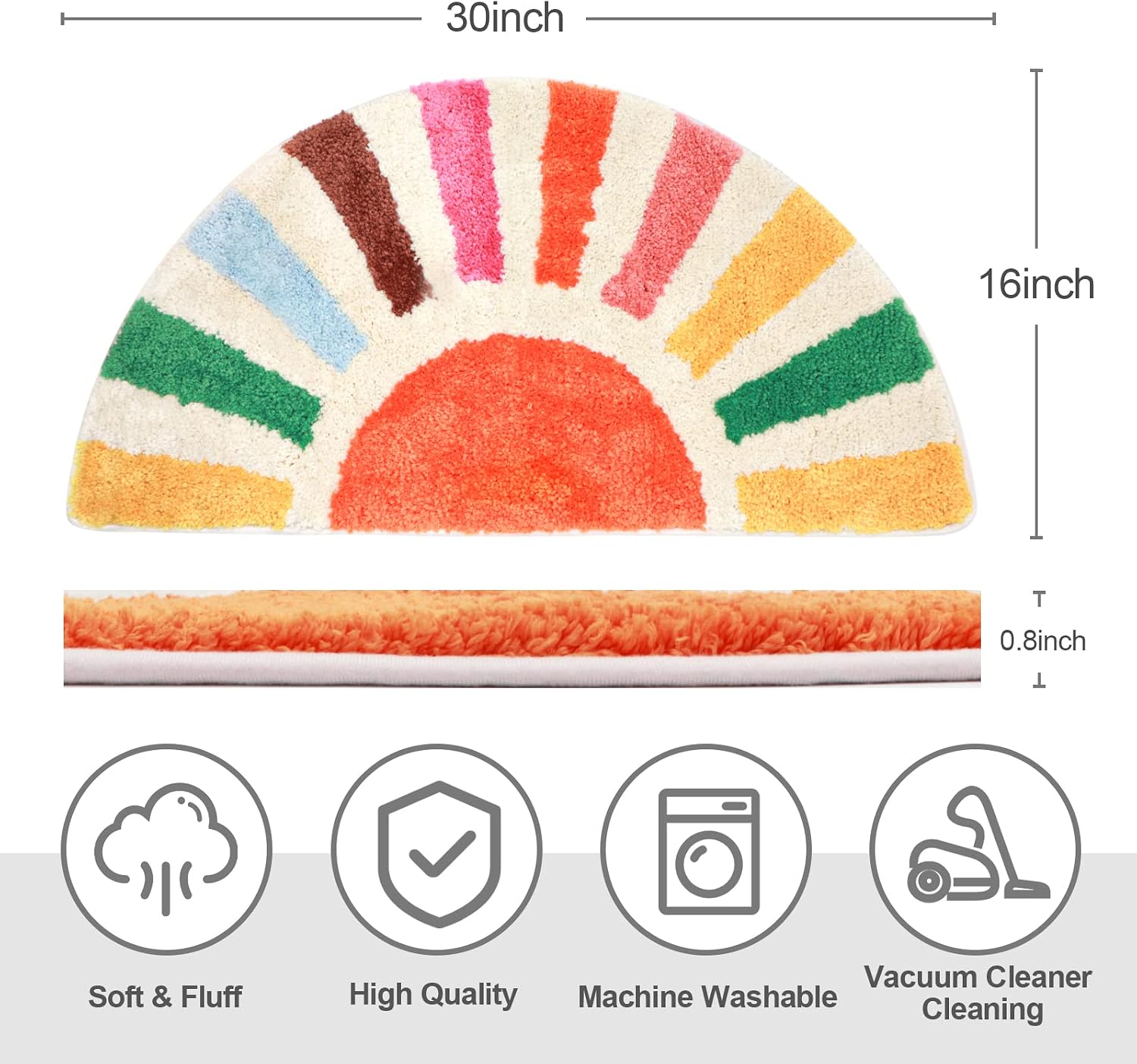 Foeacry Retro Sun Bath Mat Non-Slip Half Circle Colorful Boho Rug for Bathroom, Soft Fluffy Water Absorbent Fiber Bathroom Mat, Cute Semi Round Rainbow Bath Rug for Shower Room