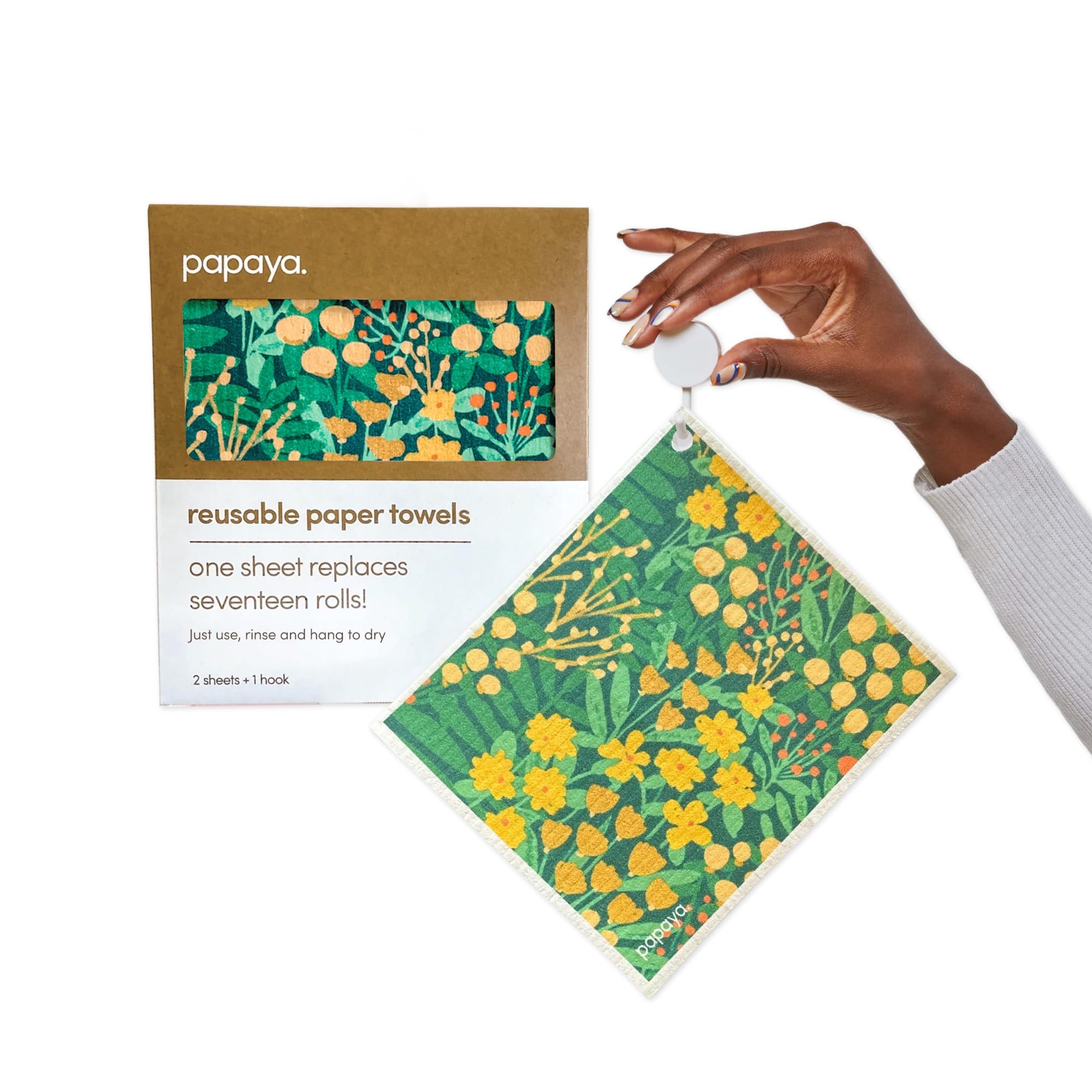 Papaya Reusable Paper Towels 2-Pack - 2 Sheets + 1 Hooks, Quick Drying, No Odor, 1 Sheet Replaces 17 Rolls, Washable Kitchen Cloth, Sustainable Dish Sponge, Eco Friendly Gift[Amazon-developed Certification] Compact by Design