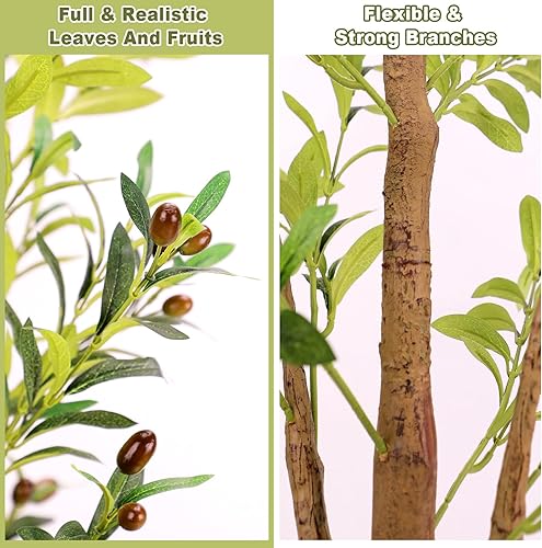 Miniatura 2 de Fikowo Árbol de olivo sintético de 6 pies, olivo artificial para interiores, árbol de seda de olivo falso en maceta con tronco de madera natural y