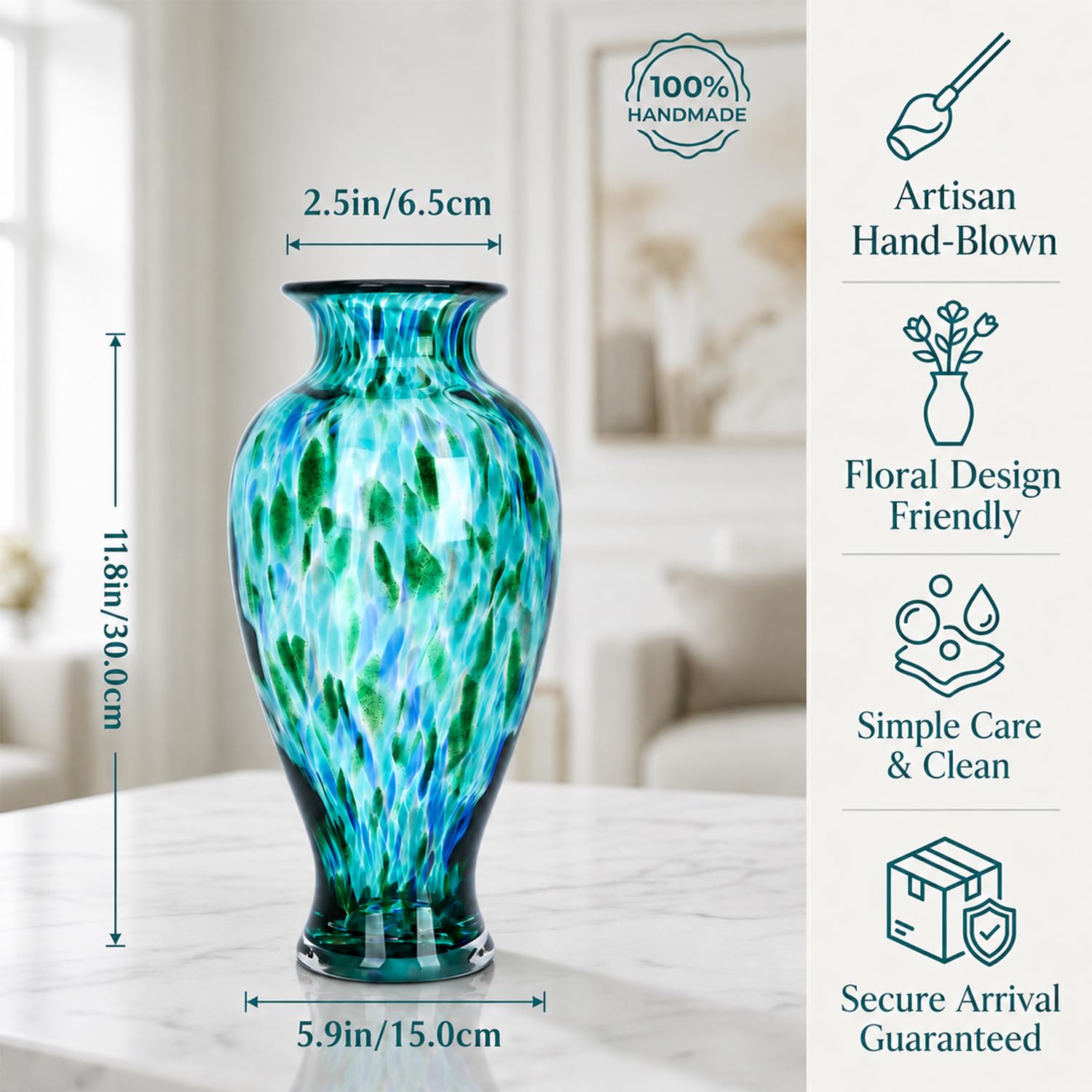 Vaso in vetro soffiato a mano, alto 30 cm, bellissimo vaso turchese a bocca larga per centrotavola, vaso da fiori in vetro di Murano colorato dipinto per – ingresso casa centro matrimoni