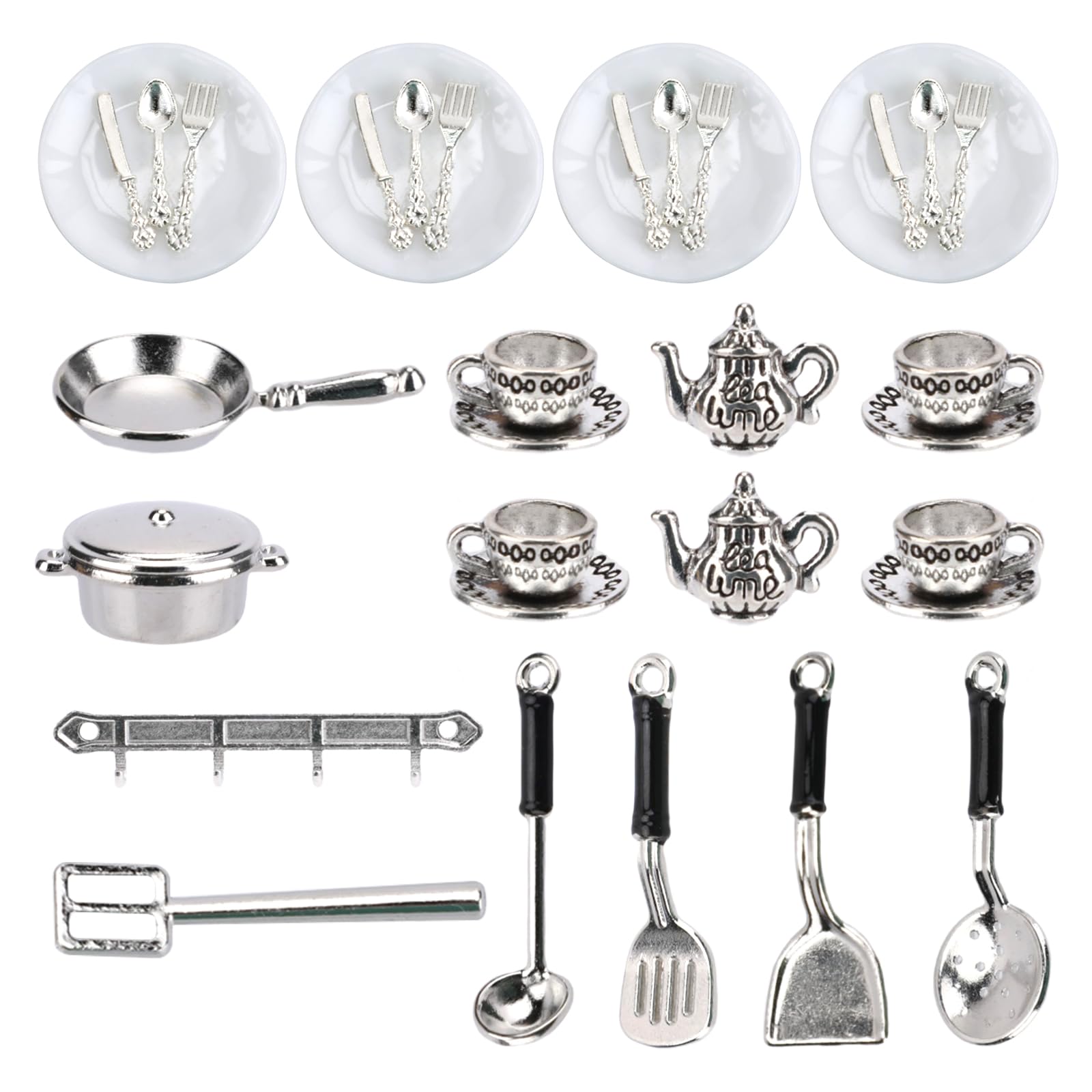 Miniatures House Kitchen Accessories,30pcs Metal Miniature Plates Silverware Knife Fork Spoon Set for Mini House Party Decoration Supplies