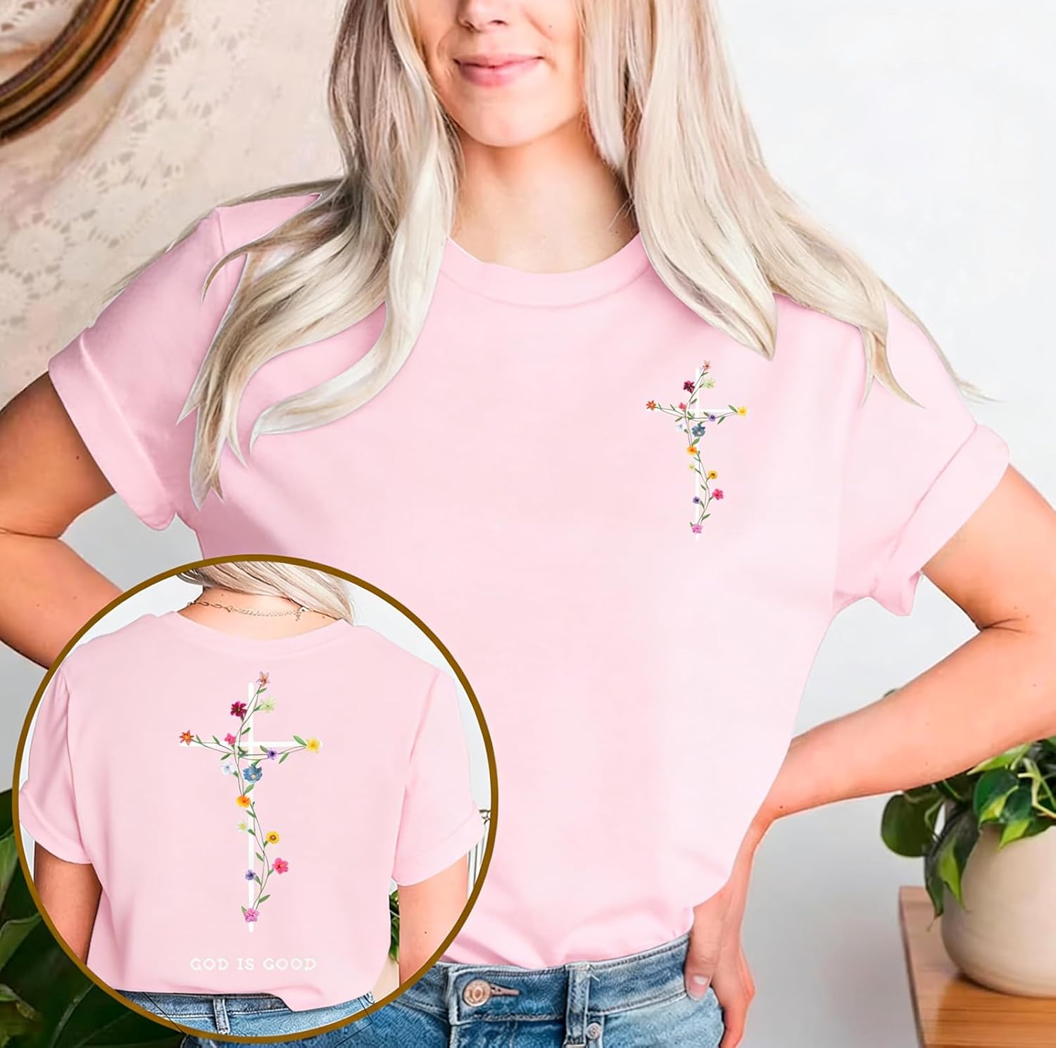 Christian Shirts for Women Floral Cross Graphic Shirt God is Good T-Shirt Faith Bible Verse Religious Gift Tops - Image 5