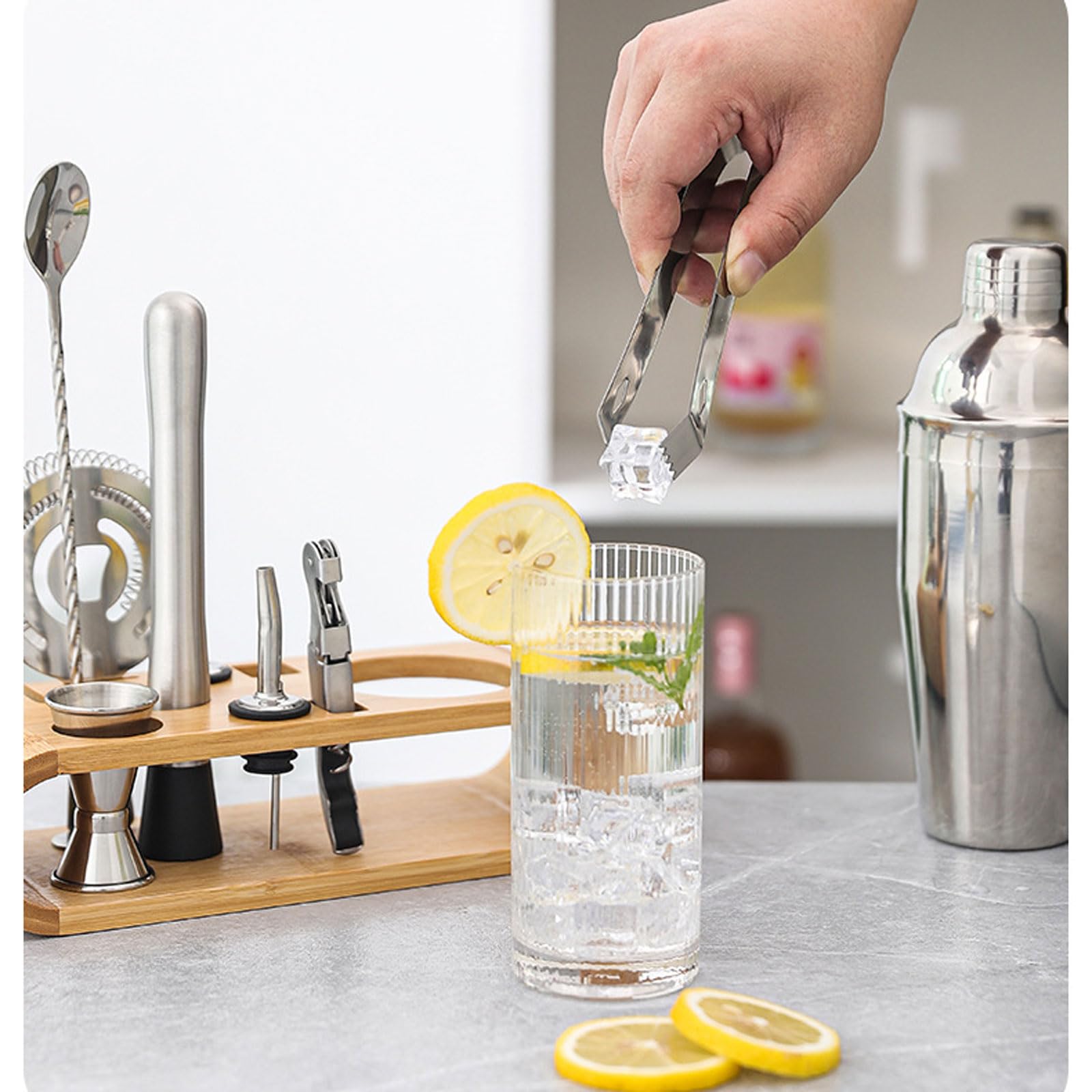 9/12 Pezzi Set Cocktail Shaker Kit Barman Professionale in Acciaio con Supporto con Tutti Gli Accessori Essenzial Attrezzatura da Bar per Home Bar Party Wedding,Kit Barman Regali per Papà uomini