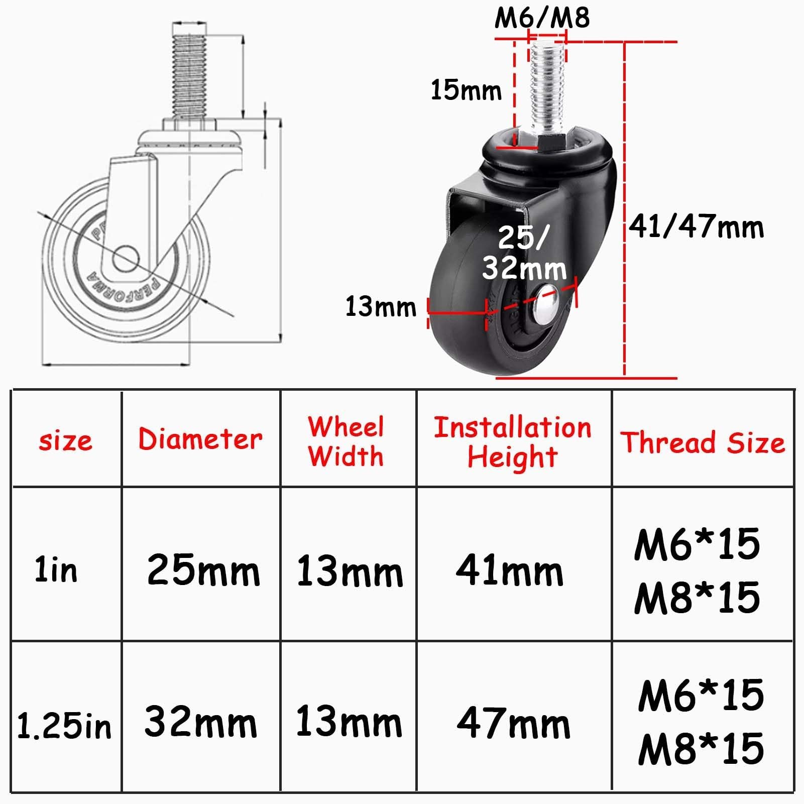 4er Set Möbelrollen Mit Gewindespindel | M6/M8x15 Lenkrollen TPE Gummi 1,25 Zoll