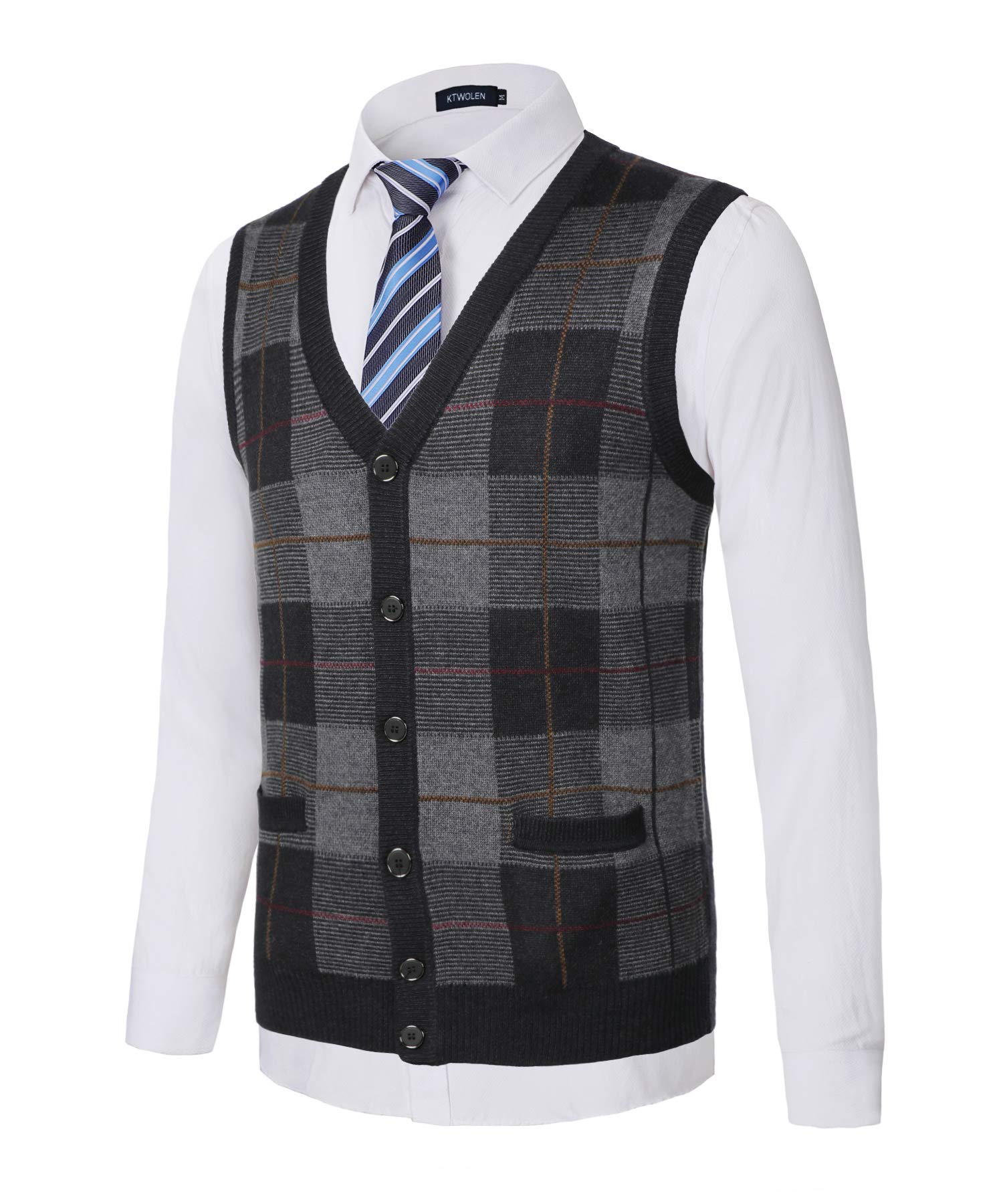 KTWOLEN Mens Casual Sweater Jumpers Stripes Knitted Gilets Sleeveless Cardigan V Neck Knitwear with Buttons