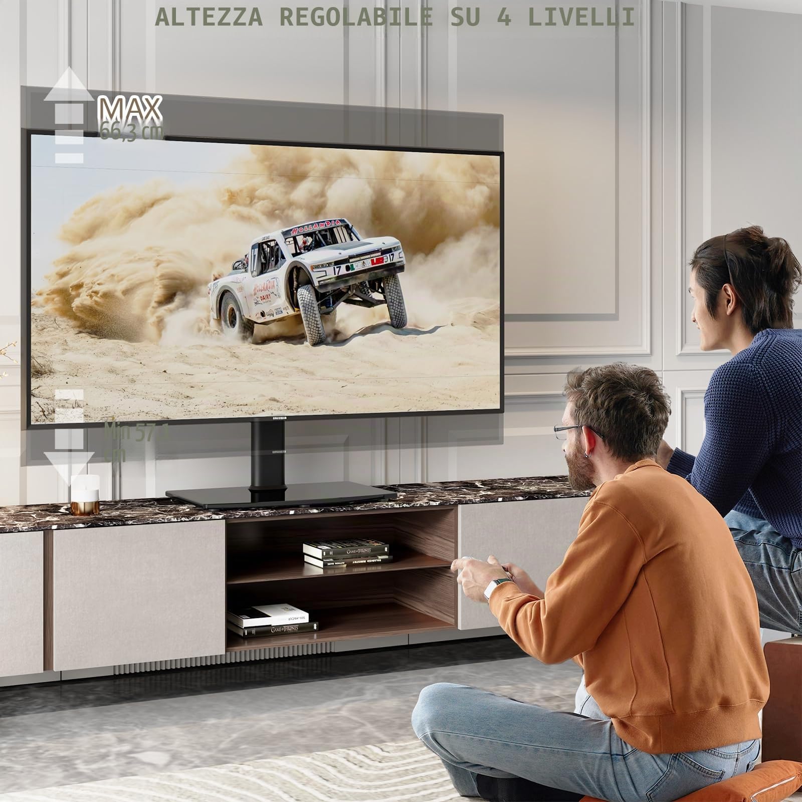 Hemuduplus Supporto TV da Tavolo, Staffa TV da 27 a 60 Pollici, Supporto TV Girevole 80º, 4 Livelli Regolabili in Altezza, Piedistallo TV Regge Fino a 45 kg, Staffa TV Max Vesa 400X400mm